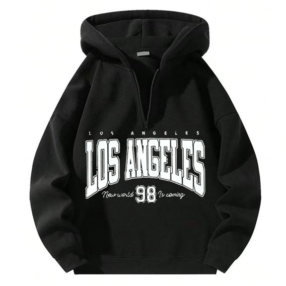 CONZONE Mens Casual Hoodies Long Sleeve Pullover Hoodie for Men Half Zip Letter Graphic Y2K Hooded Sweatshirts With Pocket