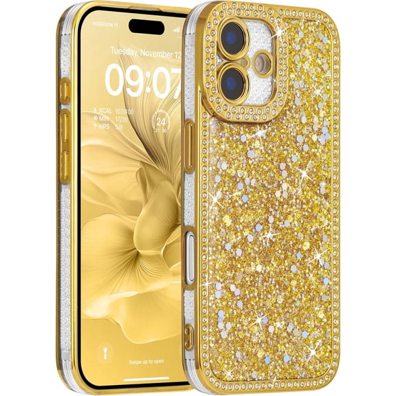 REQO Case for iPhone 16,Glitter Crystal Rhinestones Sequin Shiny Bling Sparkly Glossy Luxury Electroplated Case,Aesthetic Cute Full Protection for iPhone 16