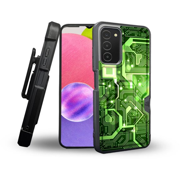 ANJ  Rugged Shockproof Holster Case Card Slot Kickstand   Tempered Glass Cover for Samsung Galaxy A03s - Circuit Board (Green)
