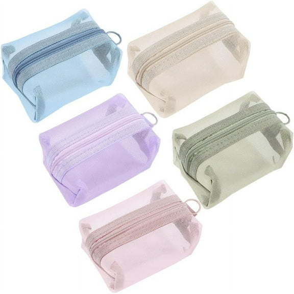 5Pcs 5 Colors Portable Square Mesh Storage Bag Small Zippered Mesh Makeup Bag Cosmetic Coin Purse Travel Storage Organizer