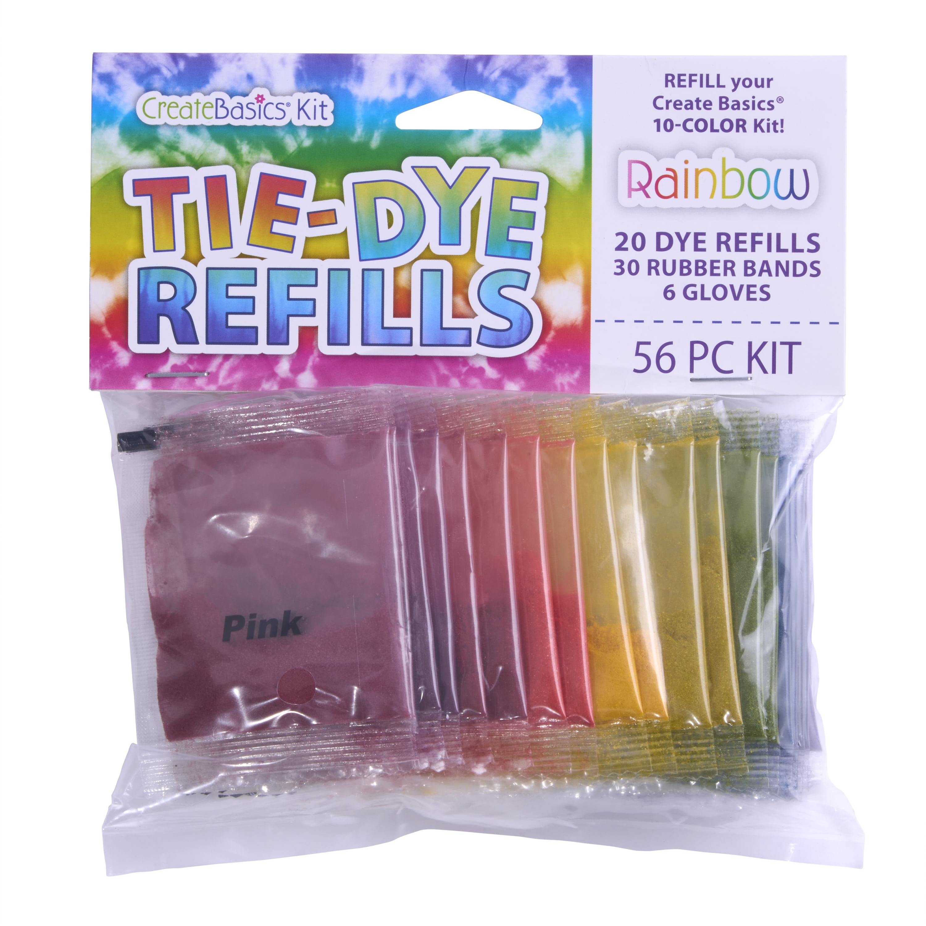 (4 pack) Create Basics Tie Dye Refill Kit 20PK Rainbow, Dye Powder, Rubber Bands, Gloves - New 56 Piece Set