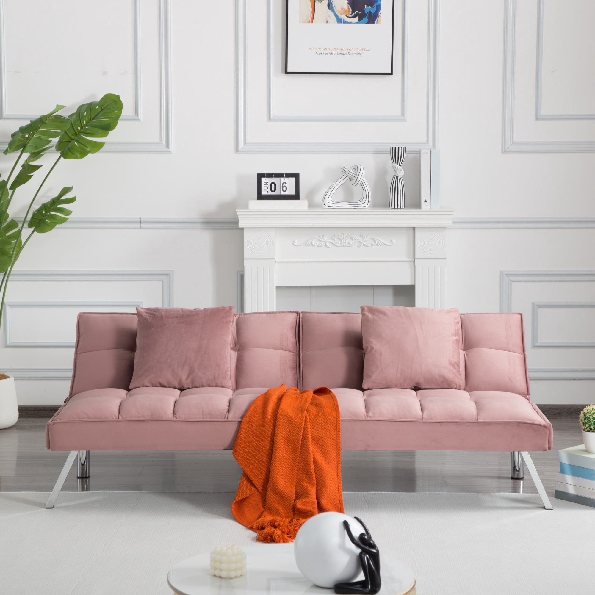 Gewnee Pink 67.7” Twin Convertible Sleeper Sofa, Velvet Tufted Split-Back with 2 Toss Pillows for Home Office