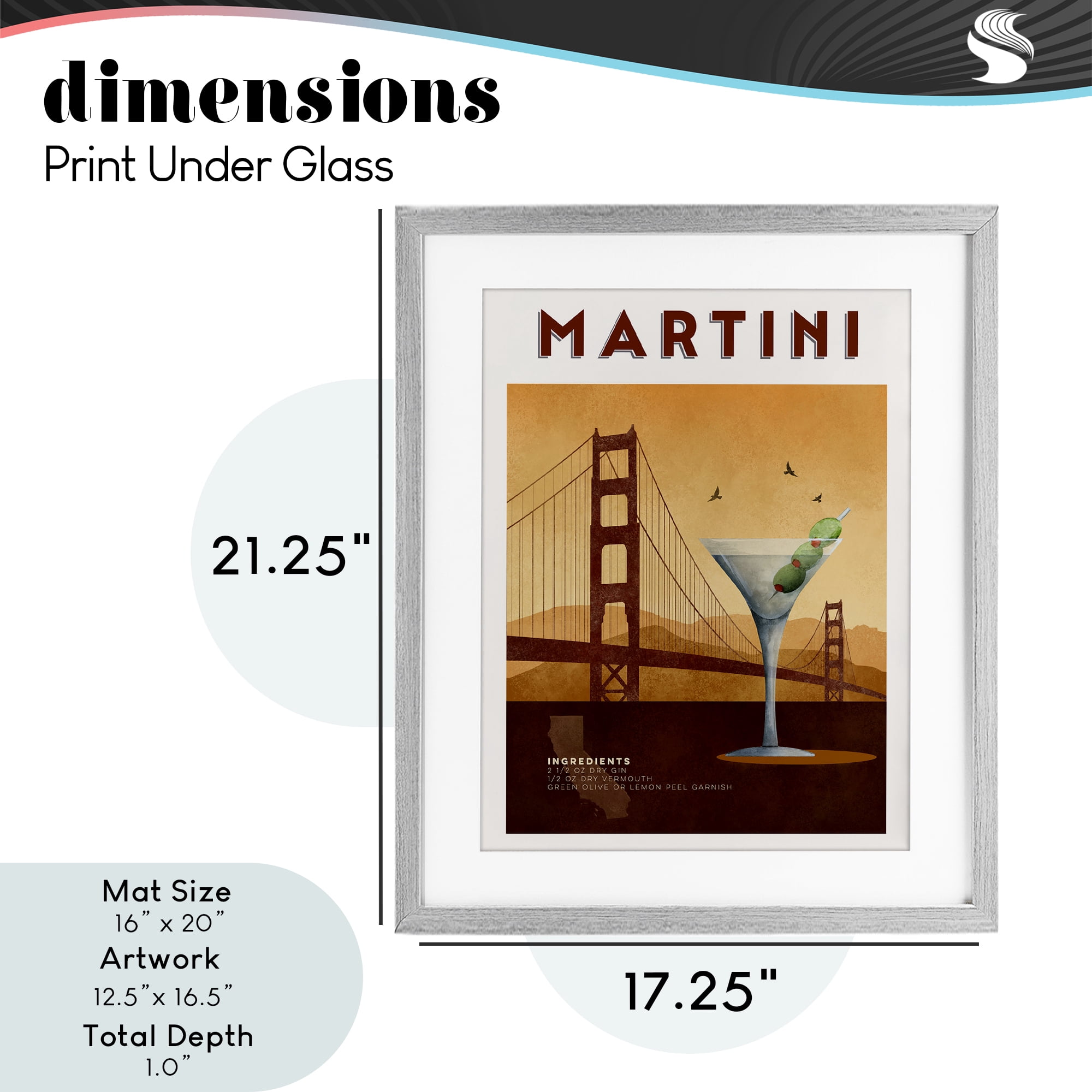 Retro Martini & Bridge View Gray Framed Print Under Glass, design by Brett Blumenthal
