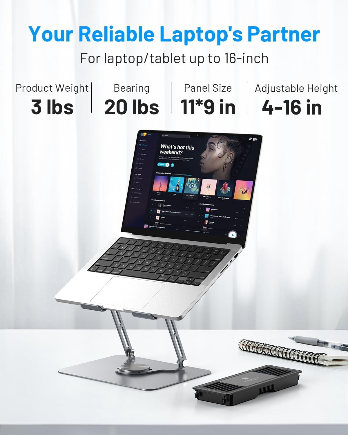 Laptop Cooling Pad with Detachable Fan, Adjustable Height & Angle, 360 °   Rotating Base, Ultra-Quiet Operation, Carbon Steel Frame for 10-16" Laptops and Tablets