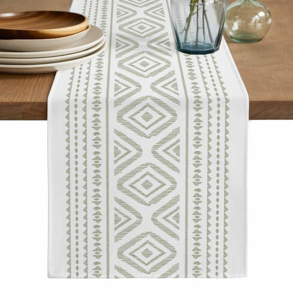 Boho Sage Green Geometric Table Runner, Vintage Southwestern Stripes Washable Cotton Linen Table Runners 48 Inches Long, Dresser Scarf Runner for Nightstand/Coffee/End Tables 13''x48''