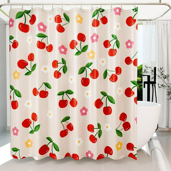 Fabric Shower Curtain Cute Floral Cherry Curtains Waterproof Soft Polyester Bathroom Curtain- Decor Washable Privacy Cloth Small Stall Shower Curtain for Bathroom Hotel (36x72inch) Beige