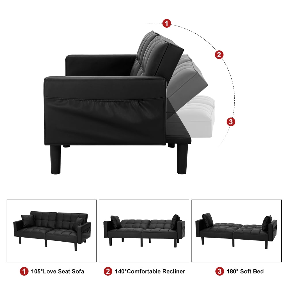 AVAWING Modern Upholstered Sofa Bed, Convertible Sectional Sofa, Upholstered Futon Faux Leather Couch w/ 2 Pillows, Apartment, Black