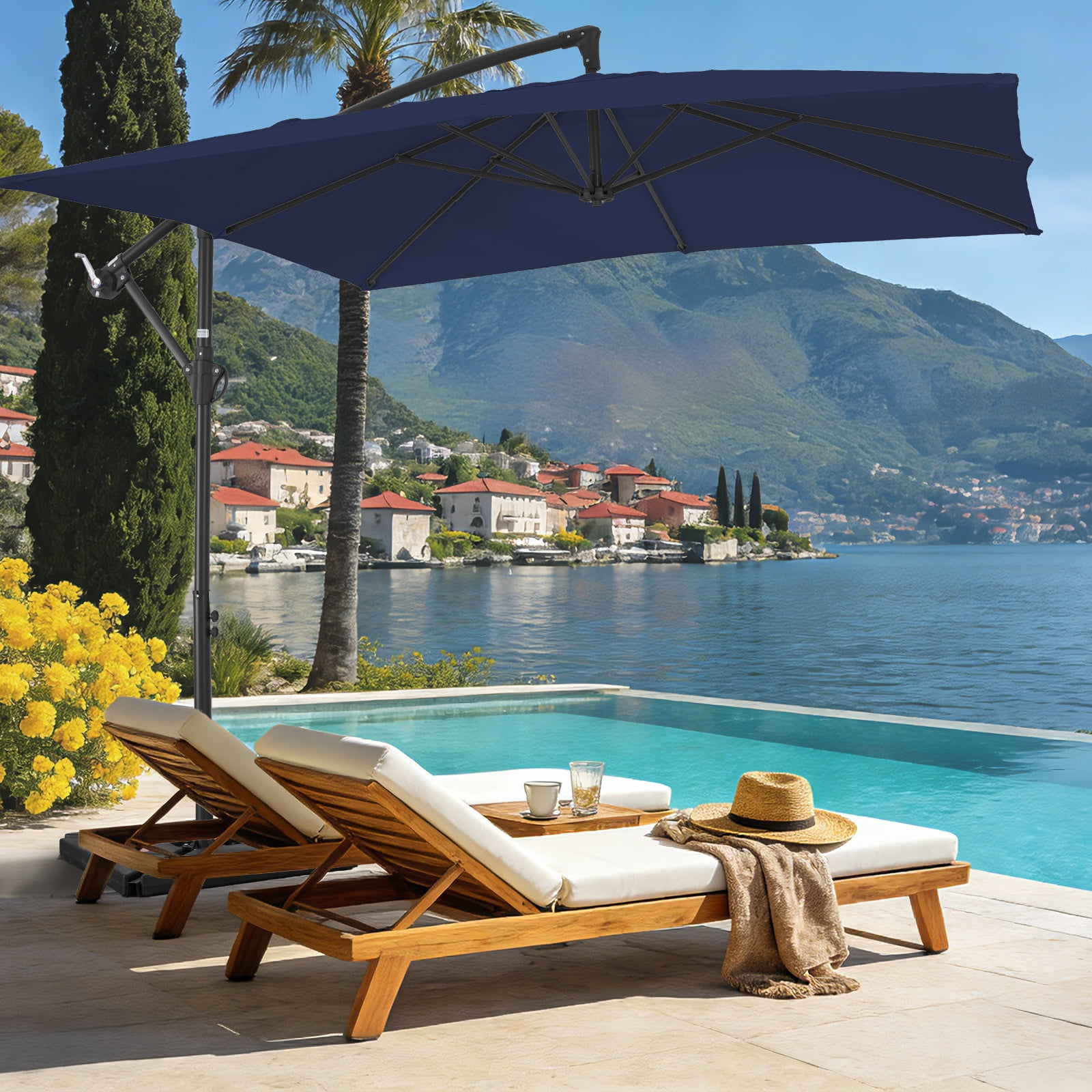 FUNDAZE 8x8ft Hanging Cantilever Patio Umbrella with Base, Square Outdoor Sun Shade with Crank & Tilt for Garden, Backyard, Deck,Navy Blue