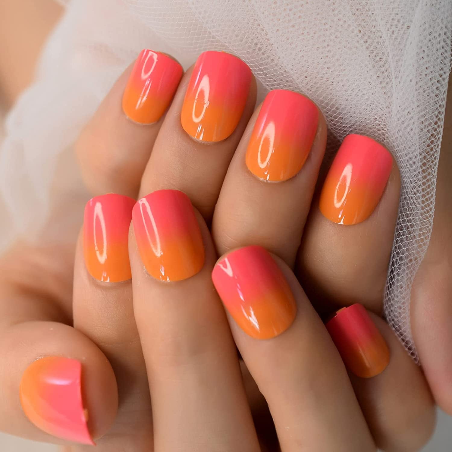 Kscd Short Glossy Orange Pink Ombre French Fake Nails Squoval Square Uv  False Press On Nails For Girl Full Cover Wear Nail Art Tips L6091 | Walmart  Canada