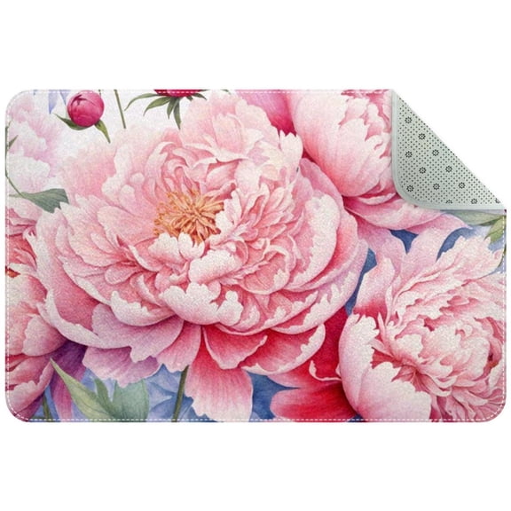 Aesthetic Peony Watercolor Background Small Area Rug, Non-Slip Door Mat Indoor Floor Mat, Washable Kitchen Rug Entrance DMat for Bedroom Living Room