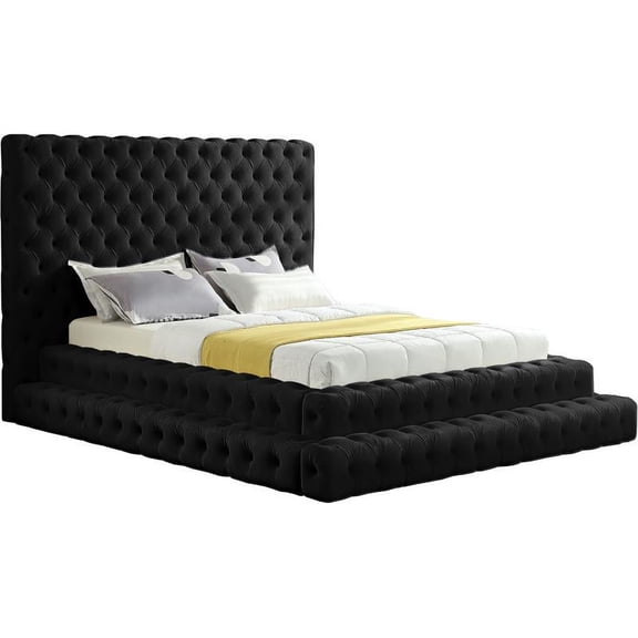 Meridian Furniture Revel Velvet Queen Bed with Deep Button Tufting and Extra-Tall Headboard, Black