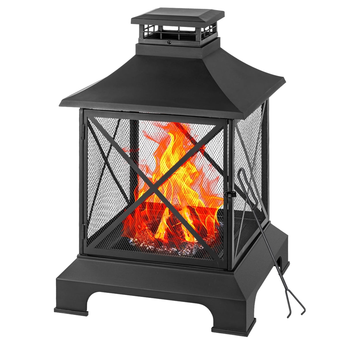 Aimee Lii 24" Pagoda-Style Steel Wood-Burning Fire Pit with Log Grate and Poker for Camping Bonfire, Outdoor Heating, Bonfire, and Picnic, Black