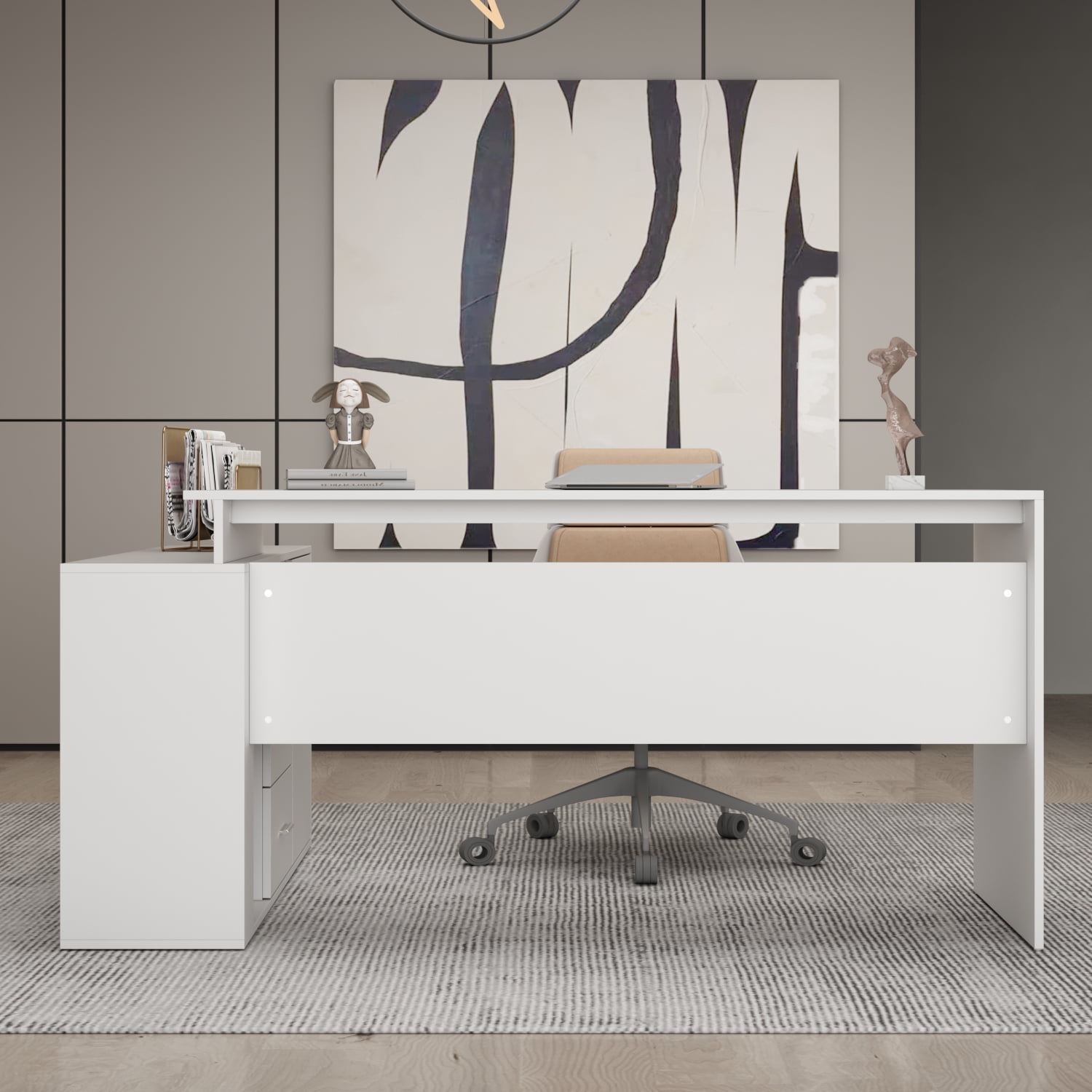 KULAGAGA Reversible L-Shaped White Writing Workstation Table, Computer Desk with Cabinet, Drawer and Shelf for Home Office Study, 55 inch