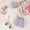 thumbnail image 4 of Hotiary Infant Baby Girl Party Skirt 3Pcs Outfit Toddler Ruffle Long Sleeve Bow Ribbed Shirt Top Mini Skirt with Beret Kids Cute Spring Summer Fall Birthday Clothes for 6M-3T Light Purple, 4 of 6