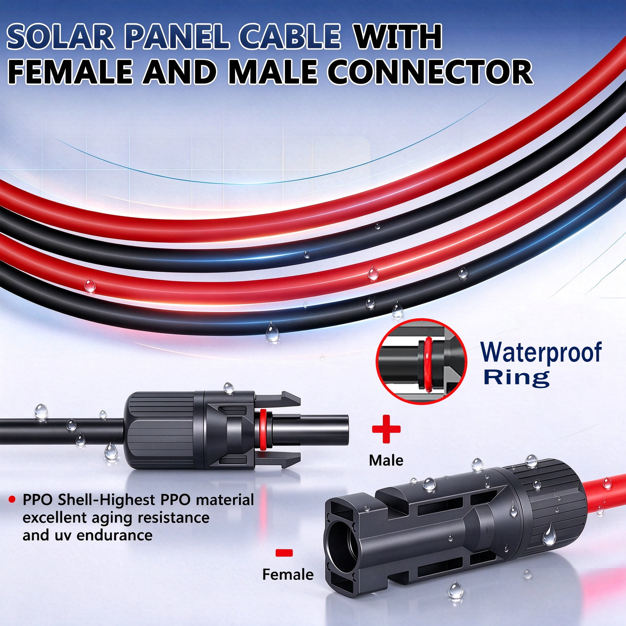 Solar Panel Extension Cable 30FT 10AWG, 6mm² Solar Extension Cable Wire with Female Male Waterproof Connectors for RV, Photovoltaic Systems
