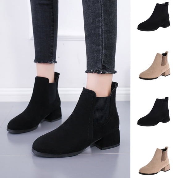 Women's Chelsea Boots Round Toe Chunky Block Heel Slip On Ankle Boots with Elastic Sided Fall Winter Dress Booties Size 36-40 Black-B