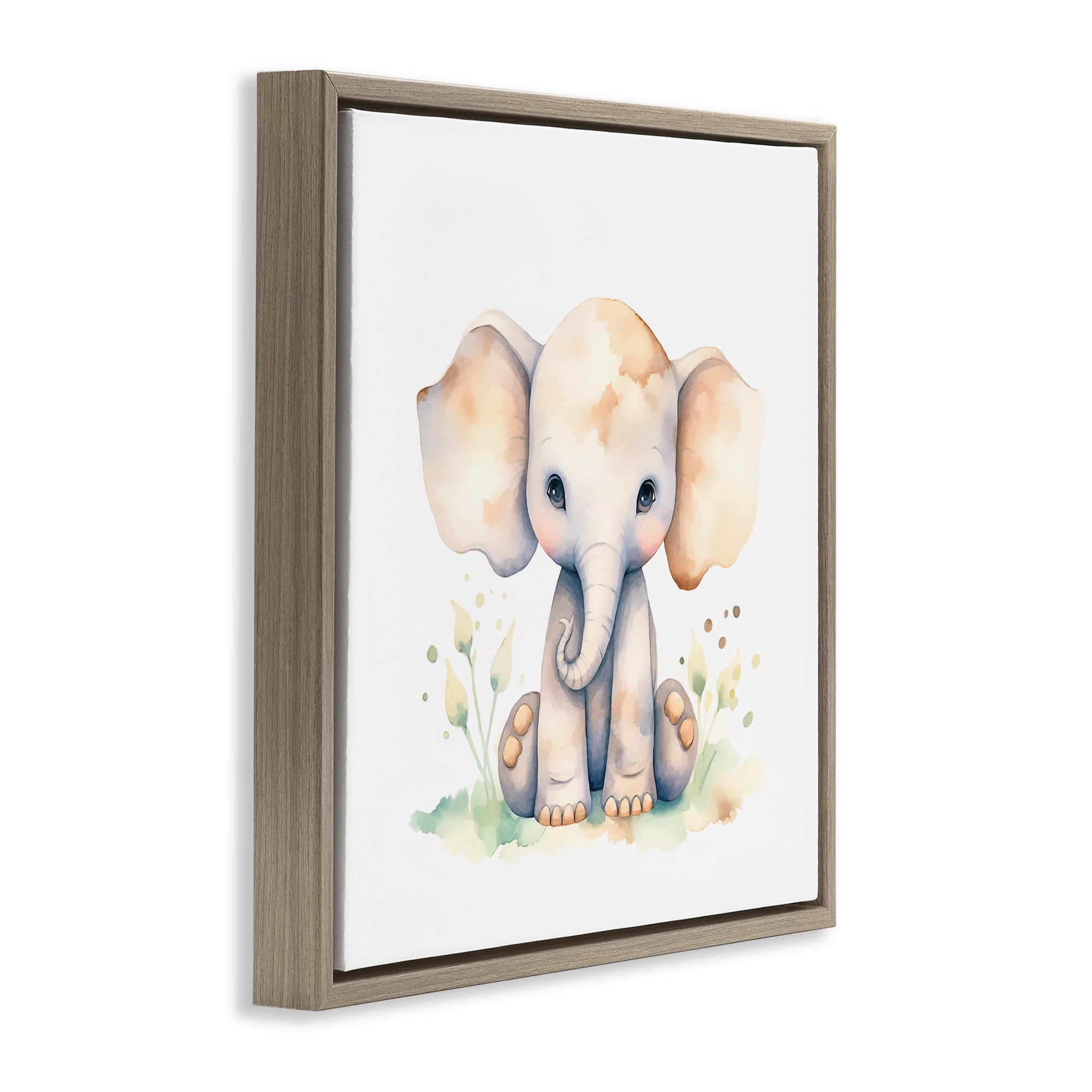 Stupell Industries Sitting Baby Elephant Animals Painting Brown Floater Framed Canvas Art Print Wall Art, 18 x 18