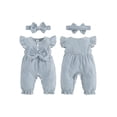 thumbnail image 2 of BemeyourBBs Newborn Baby Girl Spring Summer Fall Clothes Infant Baby Girl Waffled Romper One Piece Outfit Ruffled Flying Short Sleeve Front Bow Stripes Jumpsuit with Headband, 2 of 9