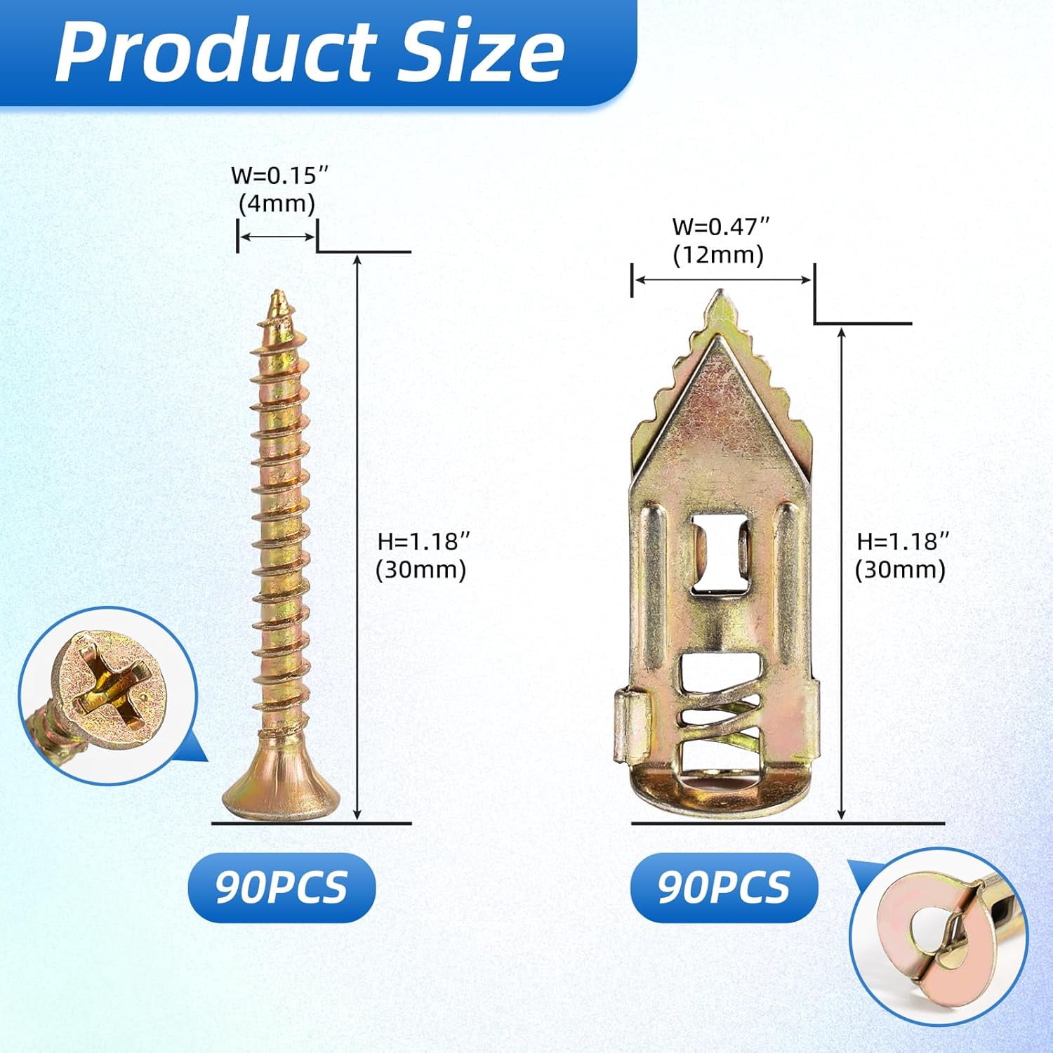 180 PCS Self-Drilling Drywall Anchors KIT - 90 Metal Winged Zinc Plated Drywall Anchors and 90 Screws for Sheetrock, Gypsum Board, Hollow Walls - No Drill Needed
