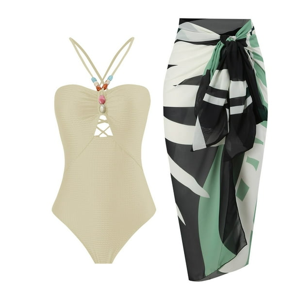 MKLEKYY Trajes De Baño Mujer Short Women 1 Piece Swimwear+1 Piece Cover Up Two Piece Vintage Print Swimsuit Monokini Bikini 2 Piece Swimsuits Two Piece Tankini Set 1046