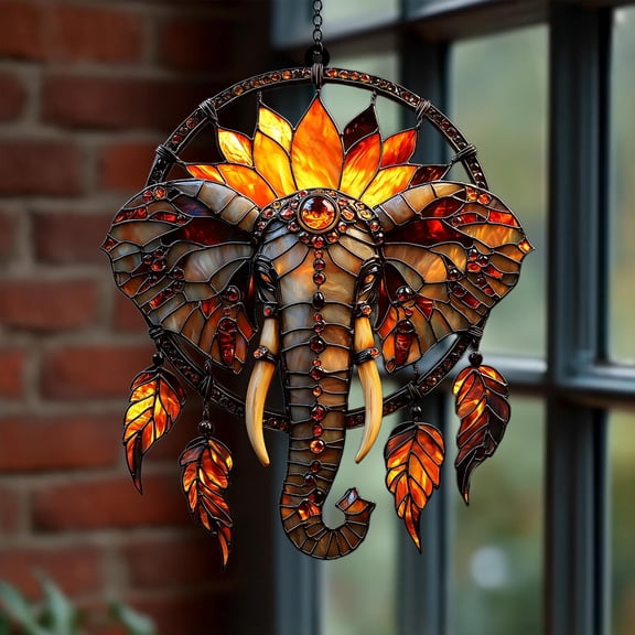 Boho Elephant Acrylic Suncatcher - Sunburst Dreamcatcher Faux Stained Glass Window Hanging With Feathers - Colorful Safari Gift