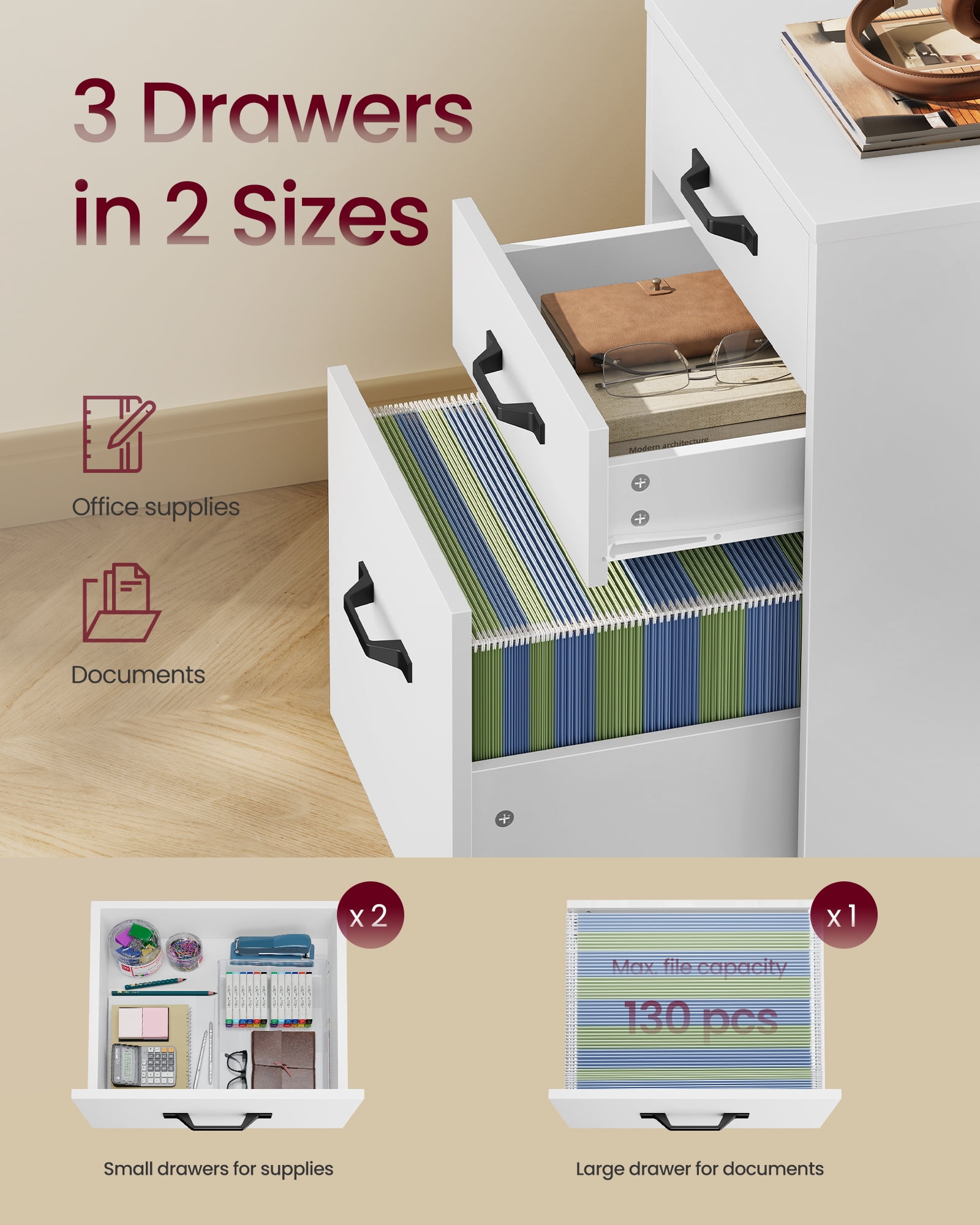 VASAGLE Mobile File Cabinet, 3 Drawers,with Wheels,for A4,Letter Sized Documents,Adjustable Hanging Rail for File Folders,Cloud White