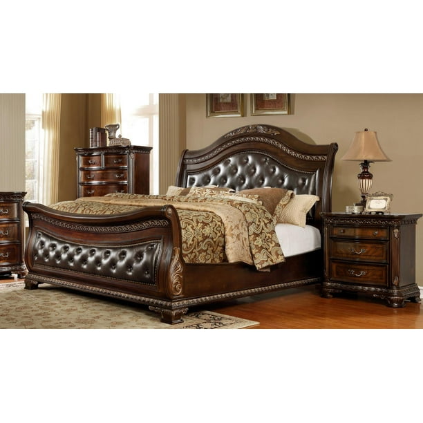 Leather Headboard Sleigh King Size Bedroom Set 3pcs Mcferran B9588 Cherry Com Leather Headboard Sleigh King Size, Sleigh Leather Bed King Size