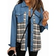 thumbnail image 2 of Women'S Oversized Casual Long Sleeve Button Down Plaid Shacket Boyfriend Jean Jacket with Pockets Blue XL, 2 of 9