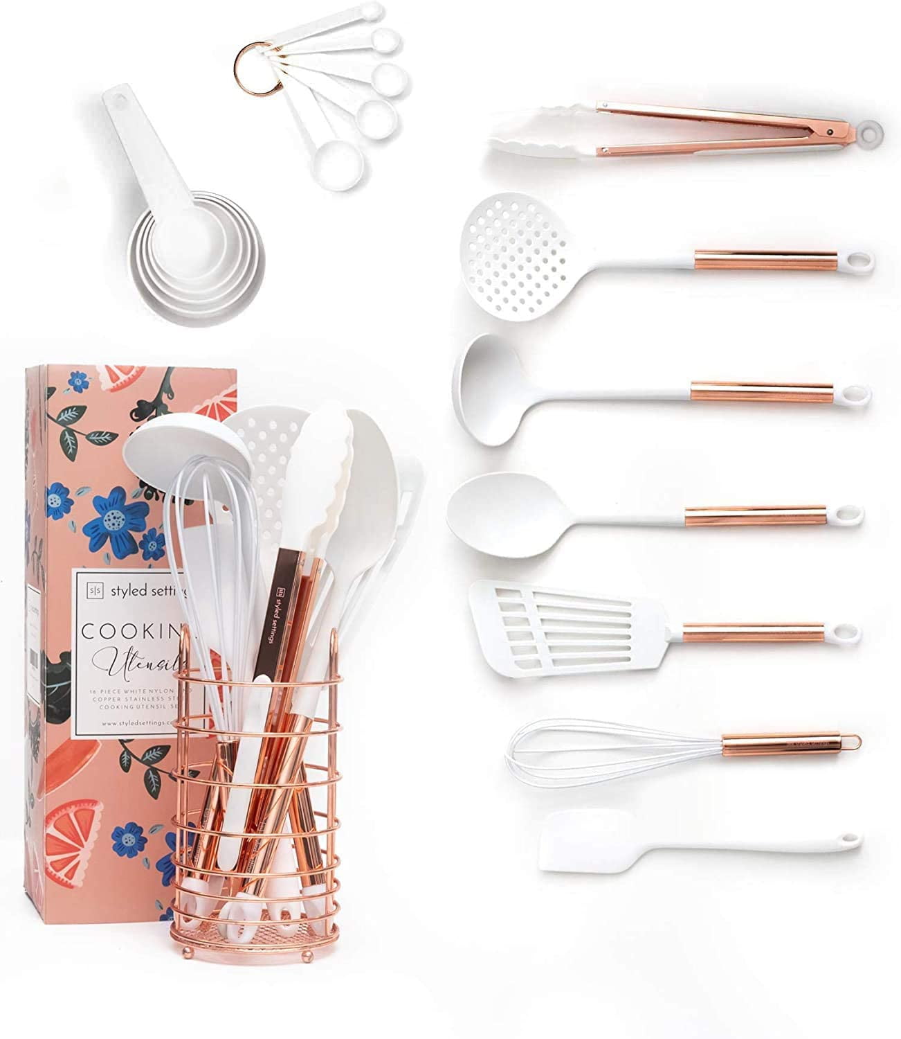 White and Rose Gold Cooking Utensils Set with Holder 16Piece Kitchen