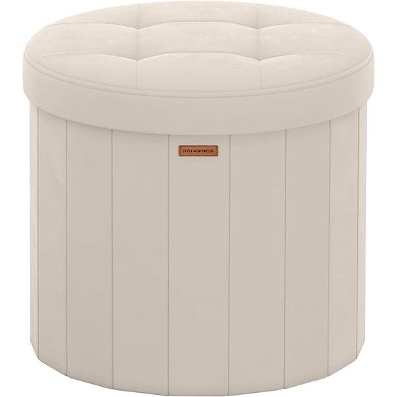 SONGMICS Mazie Colección - Banco Redondo, Taburete Reposapiés Plegable con Tapa, para Dormitorio, Sala de Estar, Entrada, Beige Capuchino