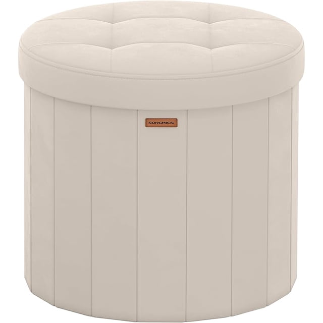 SONGMICS Mazie Colección - Banco Redondo, Taburete Reposapiés Plegable con Tapa, para Dormitorio, Sala de Estar, Entrada, Beige Capuchino