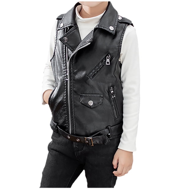 EDFBUYKRS Children Imitation Leather Motorcycle Leisure All- Leather Vest Jacket