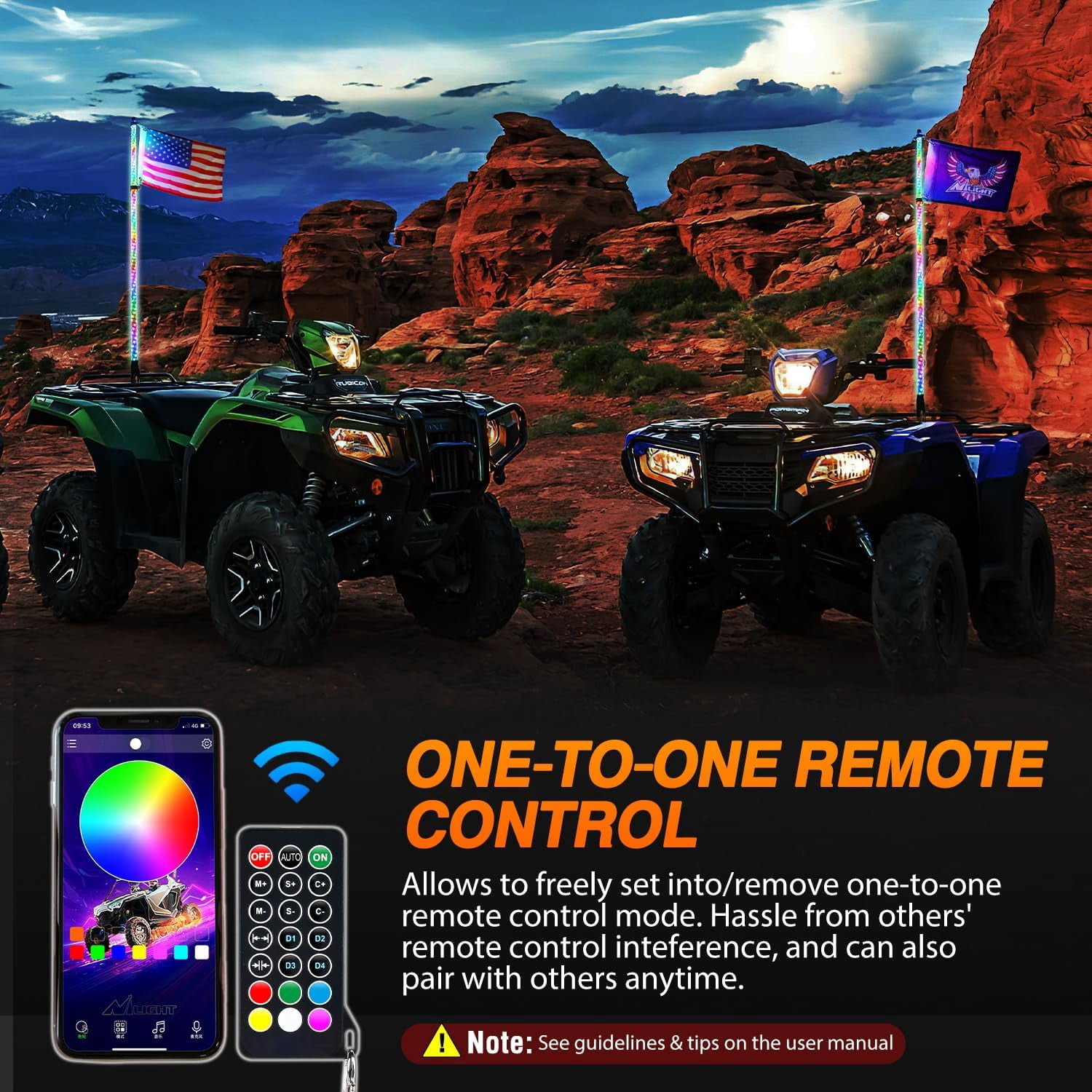 Nilight RGB Whip Light 1PC 5FT Lighted Antenna Whips with Remote & App Control DIY Chasing Patterns Brake Reverse Lights for ATV UTV Polaris RZR Can-am Dune Buggy Pickup Trucks Jeep