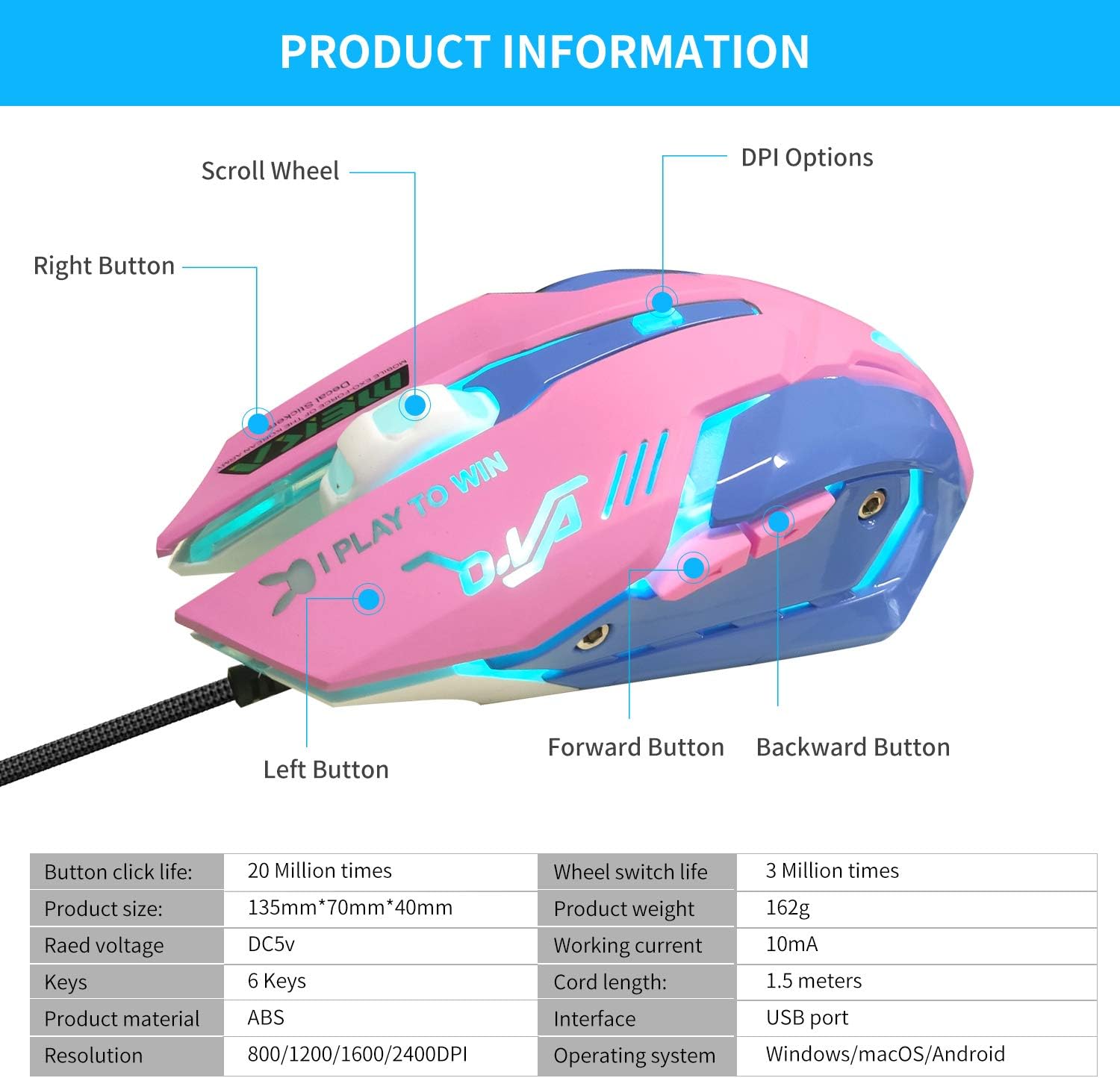 Lovely Wired USB Computer Mouse,7 Colors Backlit,Silent Buttons,3200 DPI,for MacBook,Computer PC,Laptop