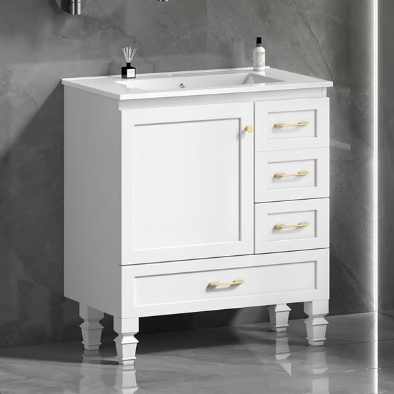 30 in White Bathroom Vanity with Ceramic Sink, Small Bathroom Vanity Cabinet with 1 Soft Close Door & 3 Drawers, Modern Freestanding Bathroom Vanity with Storage for Small Spaces