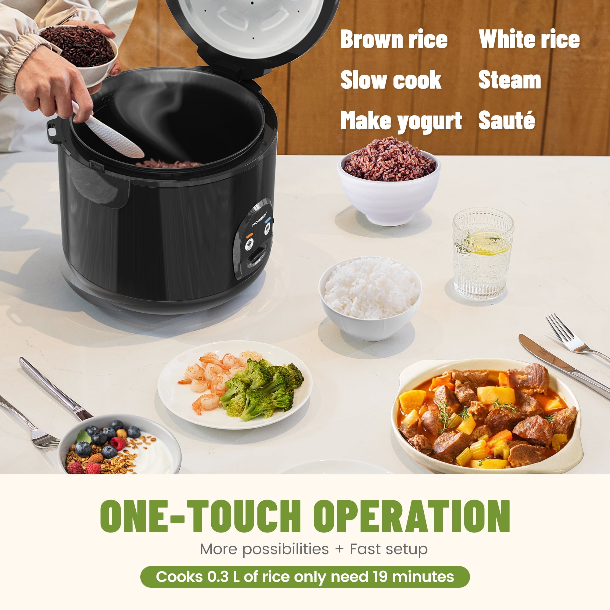 MOOSUM Electric Rice Cooker with One Touch for Asian Japanese Sushi Rice, 5-cup Uncooked, Fast&Convenient Cooker with Steamer, Removable Inner Cover and Auto Warmer, Black