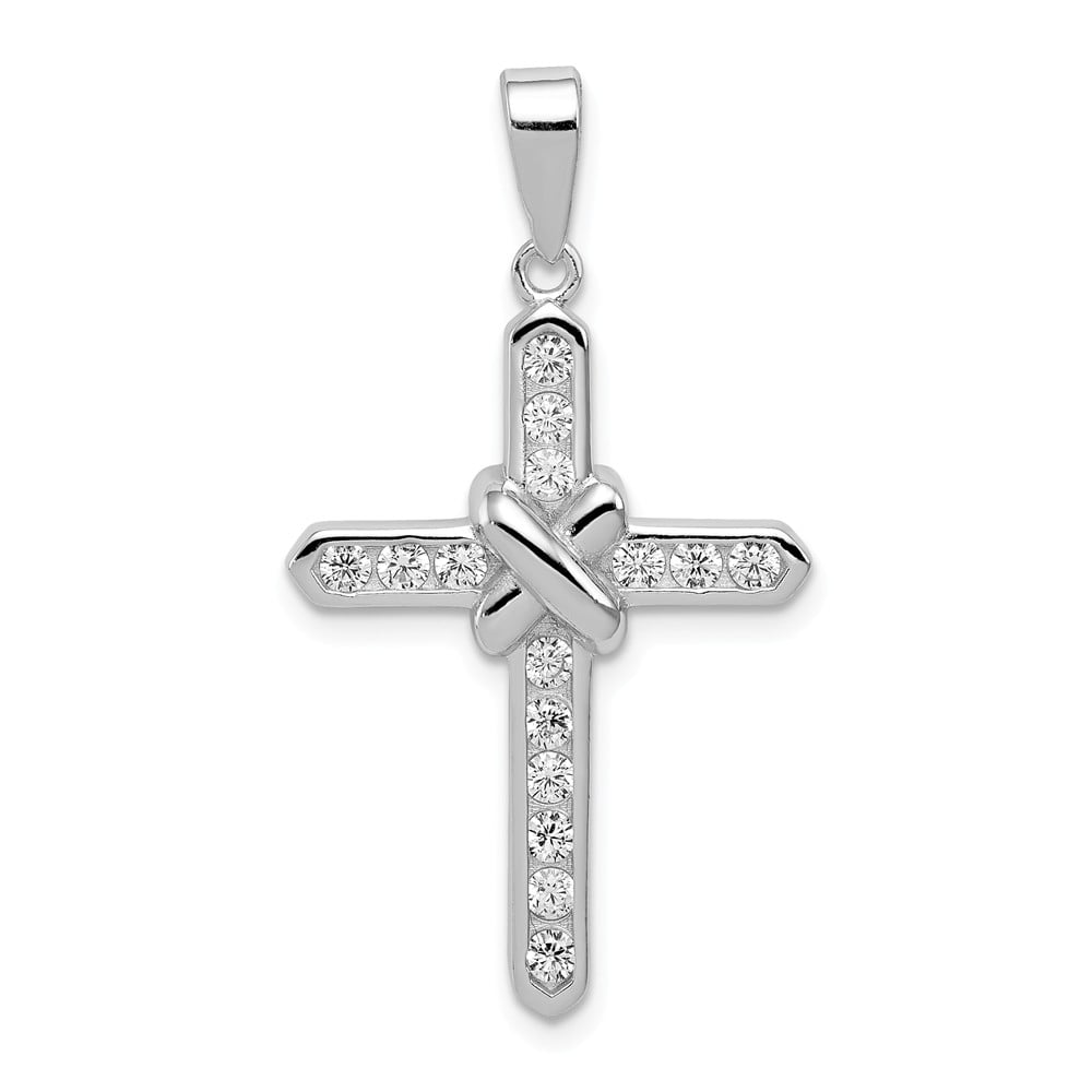 925 Sterling Silver Rhodium-Plated Faith With CZ 18 Length Cross Charm Necklace Cubic Zirconia 