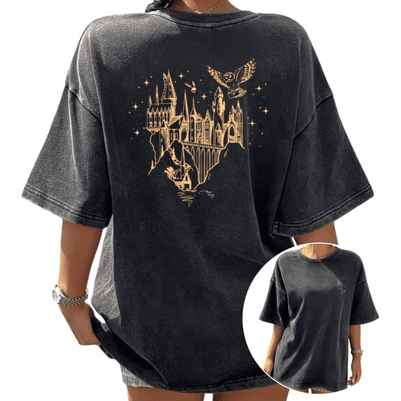 Back Print Golden Wizard Castle Black Washed Starry Owl Print Tshirt Graphic Tees Shirts Short Sleeve S-2XL Tops