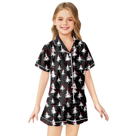 Byoo Christmas Toddler Girls Outfit Set Tree Print Button Down Short Sleeved Shirt Shorts Sleepwear Silk Soft Homewear
