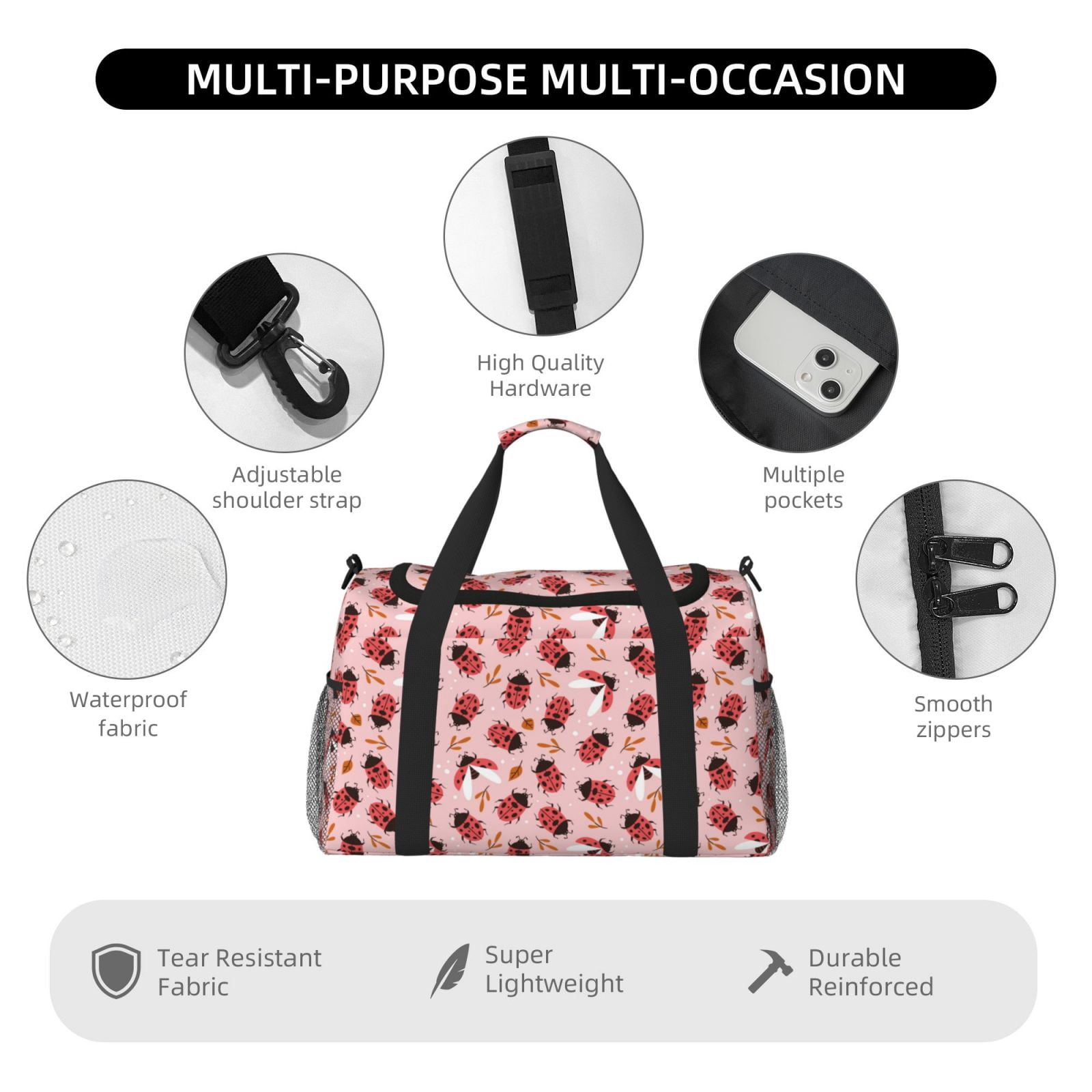 Fuzoiu Cute Ladybugs 1 Print Travel Duffle Bag,Carry On Tote Bags,Duffel Bag,Sport Gym Bag, Hospital Bag for Labor and Delivery, Overnight Bag,Luggage Bag