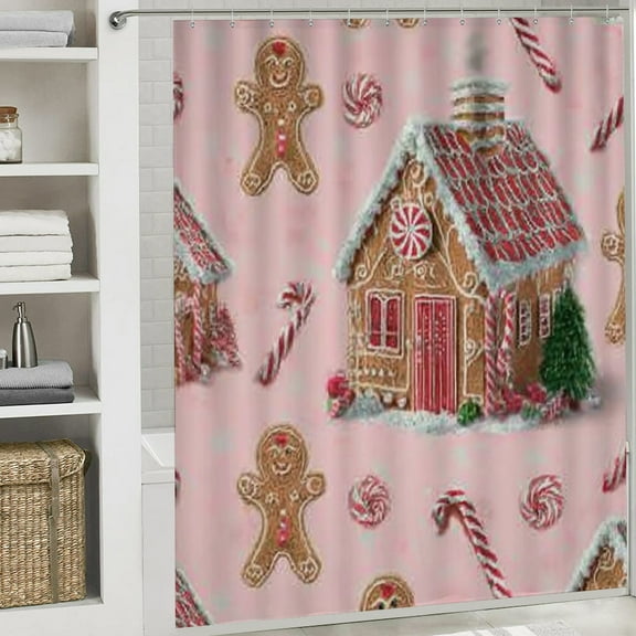 Christmas Shower Curtain, Gingerbread House Christmas Curtain with Hooks for Home Bathroom Decor Washable Curtains, 72x72 in
