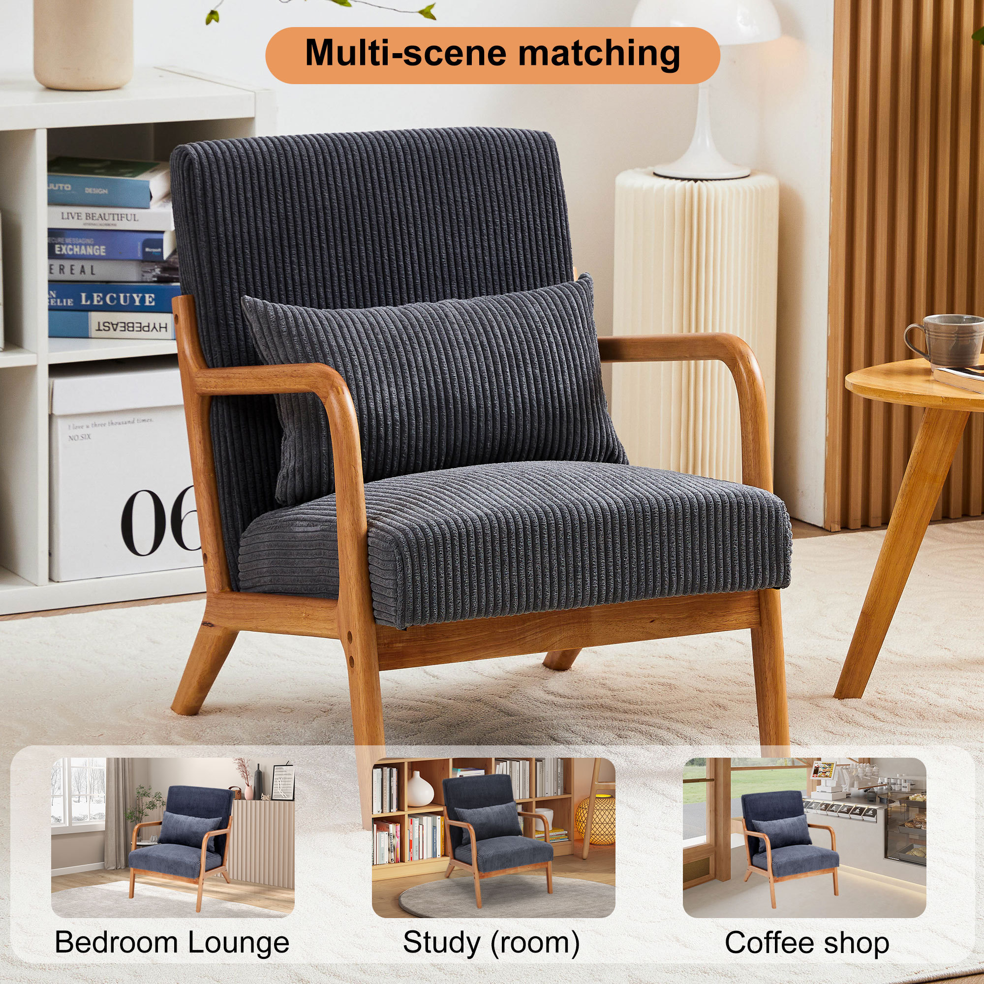 Leumius Modern Arm Chair Upholstered Reading Accent Chair with Pillow & Solid Wood Frame for Living Room Bedroom,Dark Grey 02