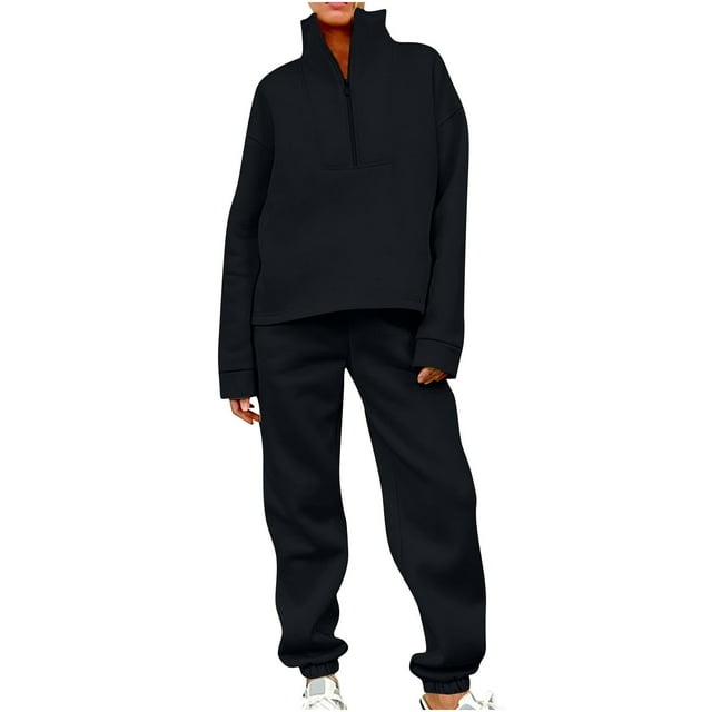 Timegard Ensembles 2 Pcs pour Femmes Col à Revers Fermeture Éclair Haut à Manches Longues Pantalon de Course Tenues Athlétiques d'Automne