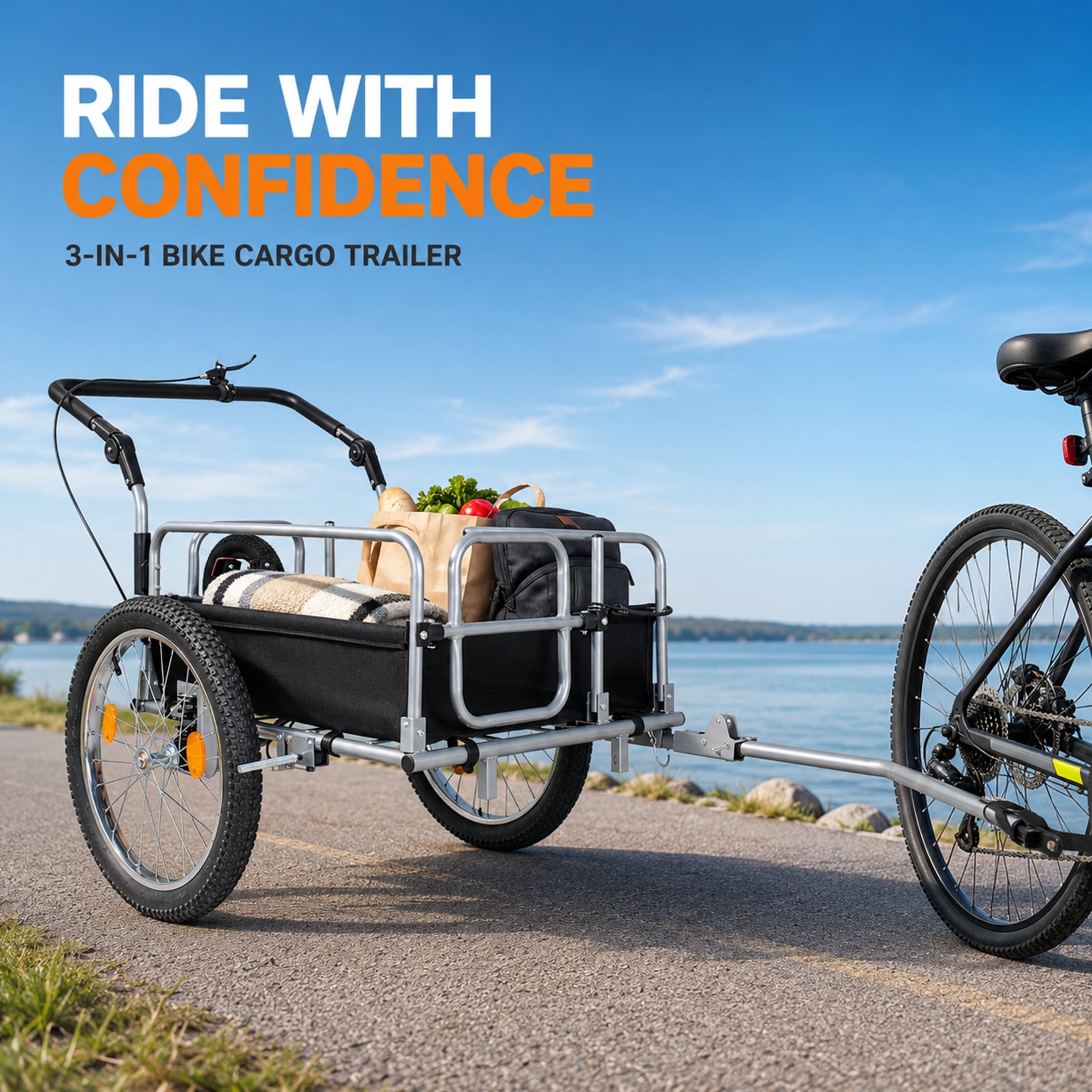 3-in-1 Heavy-Duty Bike Cargo Trailer with 20" Fat Tires, 150lbs Capacity Steel Frame Utility Wagon, Convertible Stroller and Pull Cart with Suspension and Safety Handbrake for Camping and Groceries
