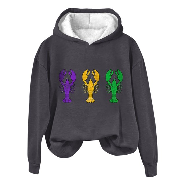 MSJUHEG Chandail en Molleton Mardi pour Femmes, Chandails à Capuchon pour Femmes, Chandails à Capuchon Graphiques, Chandail à Capuchon Imprimé Crevettes de Carnaval Col Rond Pull Chandail en Molleton Violet Vert et Or, Vêtements Mardi Gras Noirs