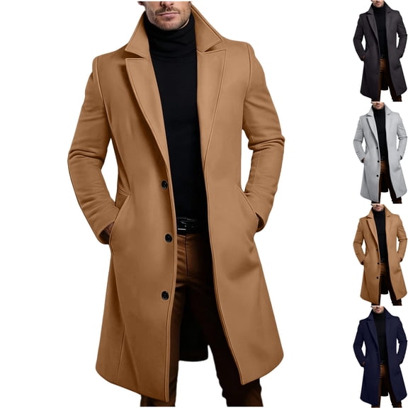 Men's Wool Overcoat Single Breasted Pea Coats Notch Lapel Collar Mid Length Dress Coat with Pockets for Business Casual Office Work, Khaki, XL