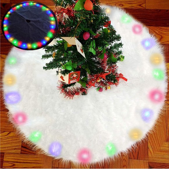 BIGOU Christmas Tree Skirt with LED Light, 30 Inch 2 Modes Snow White Luxury Faux Fur Tree Skirts Base Cover Floor Mat Christmas Lighting Decorations for Xmas Party Holiday Home Garden