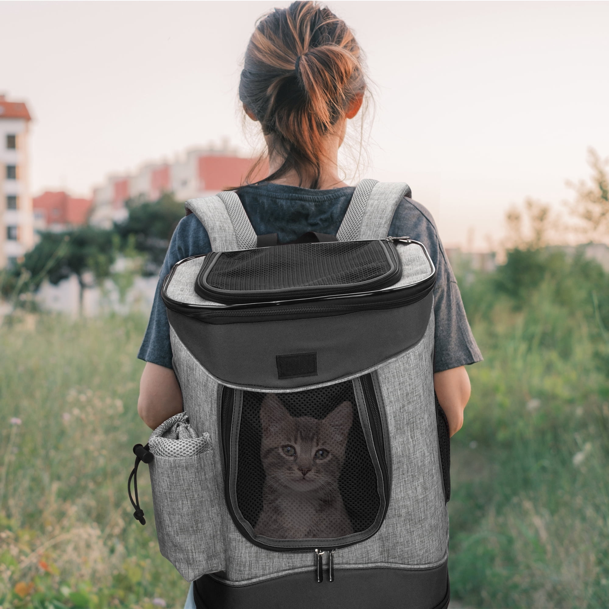 Solaris Adjustable Pet Carrier Backpack for Dogs and Cats, Puppies, Portable Cat Carrier Backpack with Bottle Pocket, Two Mesh Window for Breath,Black