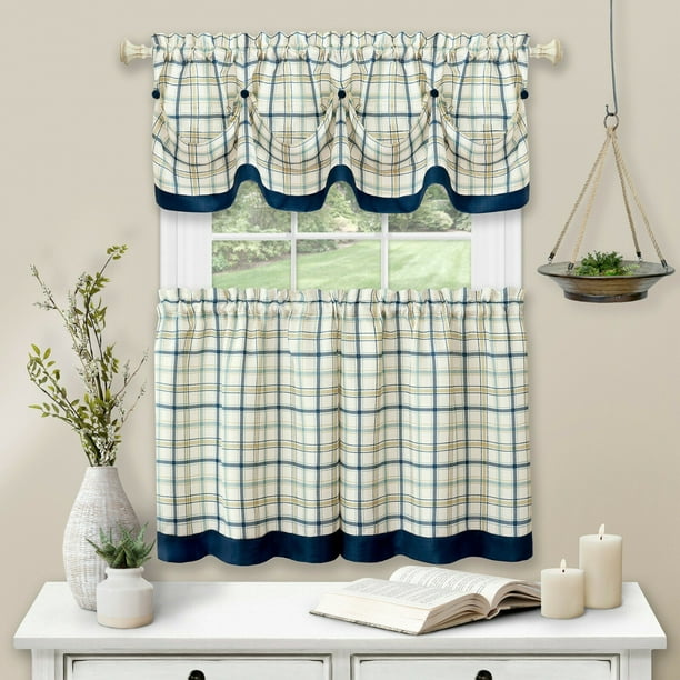 Pc Tattersall Cafe Kitchen Curtain Tier, Blue And White Plaid Kitchen Curtains