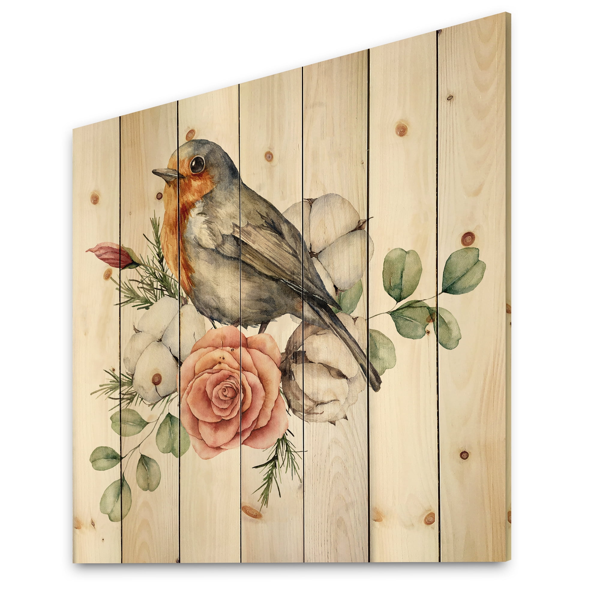 Designart 'Cotton Rose and Leaves With Robin Redbreast' Traditional Print on Natural Pine Wood